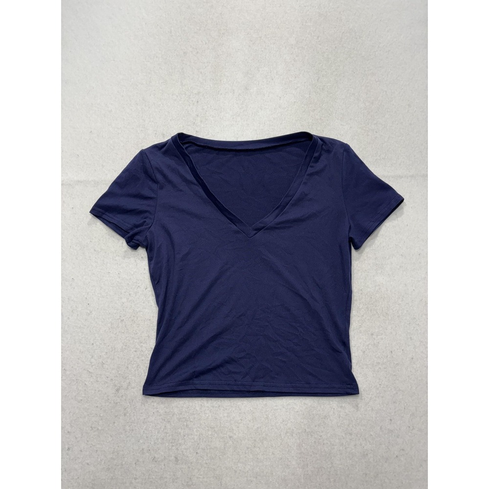 Blue V Neck Short Sleeve Stretch Tee Basic Casual Shirt Womens Medium C187VOV65